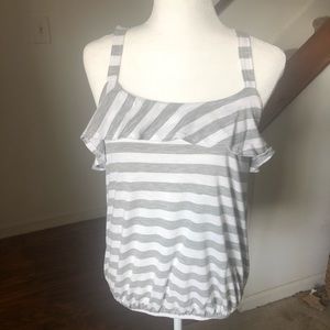 Medium Gap Gray and White Striped Ruffled Tank Top
